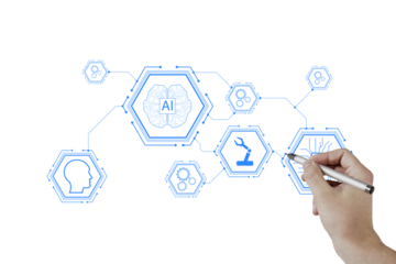 Hand drawing icons representing artificial intelligence, machine learning, technology, and robotics on a clean white background. Concept of AI and technology