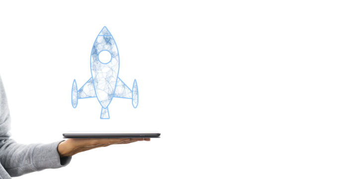 Hand holding a tablet with a digital rocket icon. Minimalist design on a white background. Concept of startup technology and digital innovation