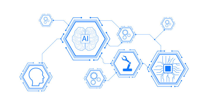 Abstract AI neural network concept with blue hexagons and icons on white background. 3D rendering