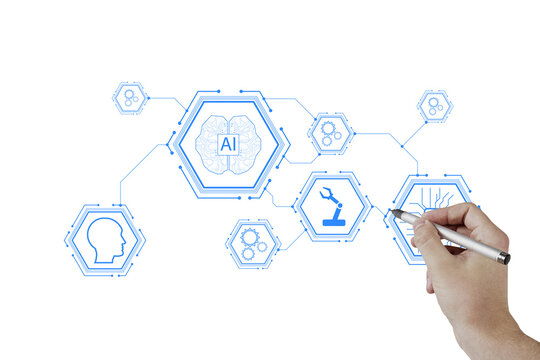 Hand drawing icons representing artificial intelligence, machine learning, technology, and robotics on a clean white background. Concept of AI and technology