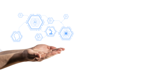 Human hands support various AI technology icons, including brain, robot, and chip, on a white background. Concept of artificial intelligence