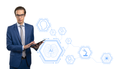Businessman in blue suit holding tablet, AI icons and graphics on white background, concept of artificial intelligence, technology, innovation