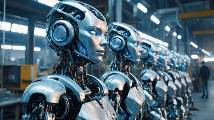 Futuristic sci-fi image depicting a row of humanoid robots in a factory