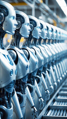 Futuristic sci-fi image depicting a row of humanoid robots in a factory