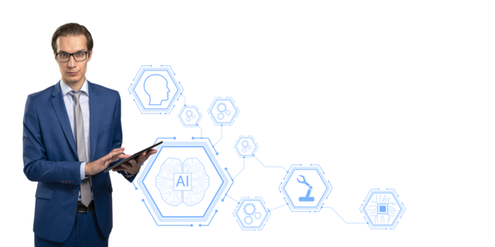 Businessman in blue suit holding tablet, AI icons and graphics on white background, concept of artificial intelligence, technology, innovation