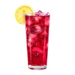Colorful, cool hibiscus beverage with ice cubes and a lemon slice on top, set against a clear background