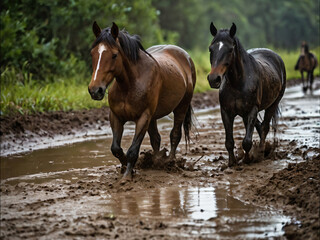 Naklejka premium a close-up image of horses navigating a muddy path