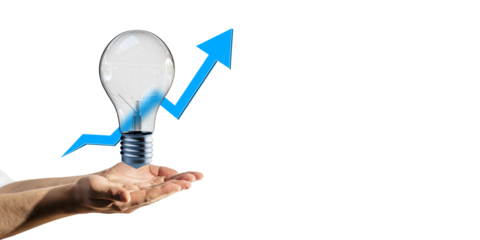 Hand holding a light bulb with a blue arrow going upwards, symbolizing growth, innovation, and progress, on a white background