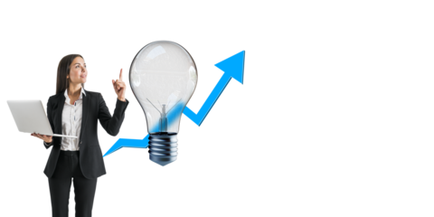 Businesswoman holding a laptop, pointing at a lightbulb with a rising arrow, on a white background. Concept of growth, innovation, and creativity