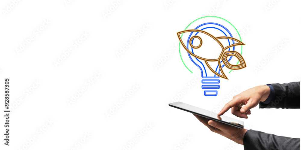 Poster businessman using a tablet with a rocket and lightbulb illustration above on a white background. con