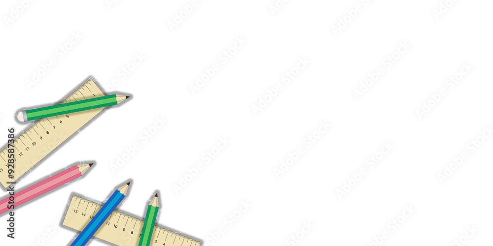 Poster colorful pencils and rulers arranged on a white background, presented in a clean and isolated layout