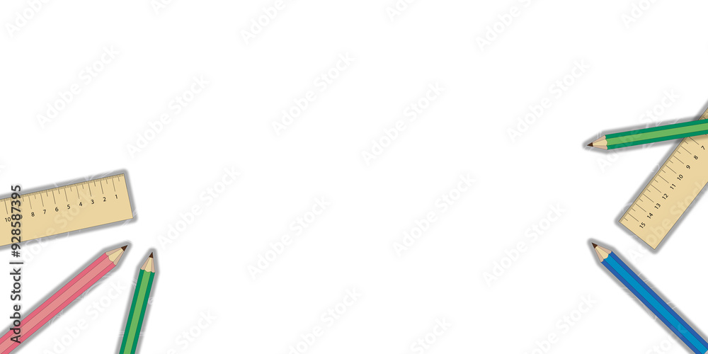 Poster image of school supplies such as rulers and colored pencils arranged on a white background. clean an