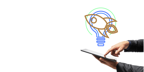 Businessman using a tablet with a rocket and lightbulb illustration above on a white background. Concept of innovation and startup