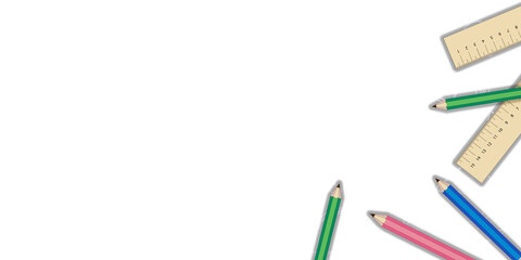 Colorful pencils and wooden rulers arranged on a clean white background, isolated and closeup. Concept of back-to-school or office supplies. 3D Rendering.