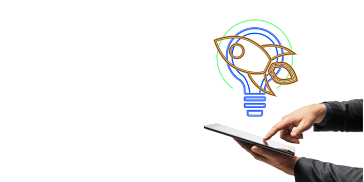Businessman using a tablet with a rocket and lightbulb illustration above on a white background. Concept of innovation and startup