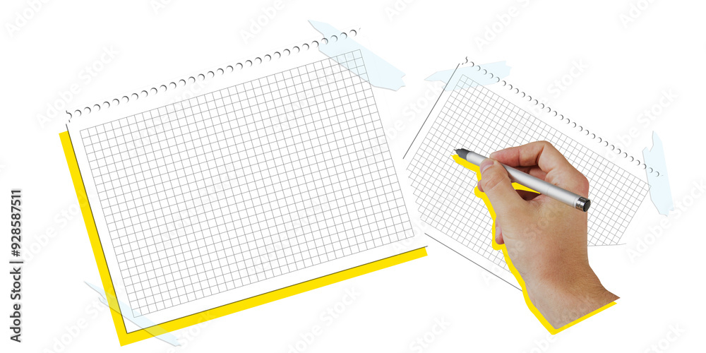 Aufkleber closeup of a hand holding a pen writing on graph paper. isolated on a white background, the image fe