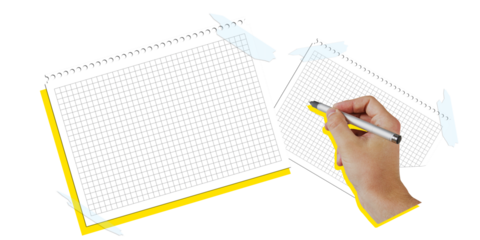 Closeup of a hand holding a pen writing on graph paper. Isolated on a white background, the image features a clean layout, emphasizing creativity and planning
