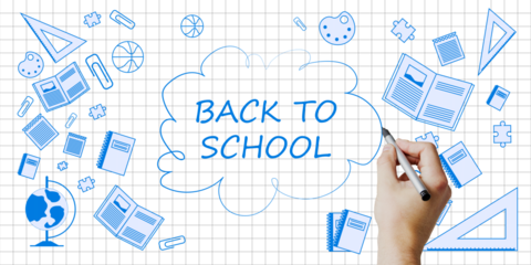 Back to School text with hand drawing on a grid background, surrounded by blue school-related icons including books, a globe, and a ruler. Academic concept