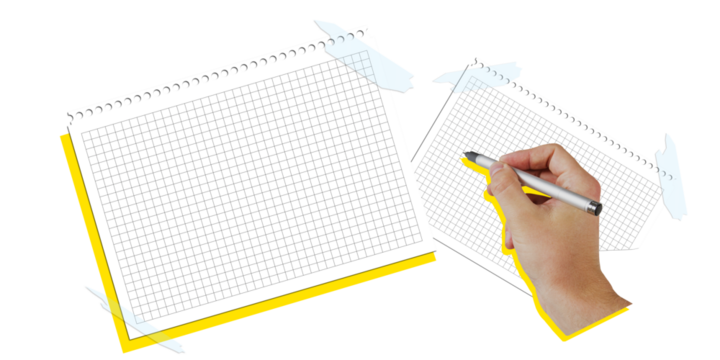 Closeup of a hand holding a pen writing on graph paper. Isolated on a white background, the image features a clean layout, emphasizing creativity and planning
