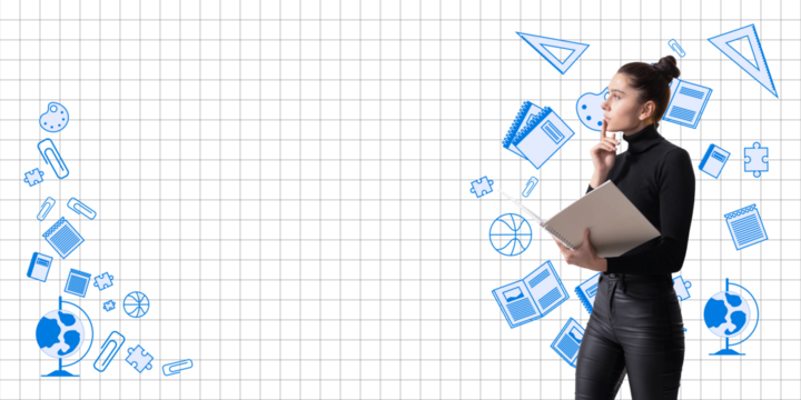 A thoughtful student holding a notebook with various educational icons around them on a grid background. Concept of learning and education