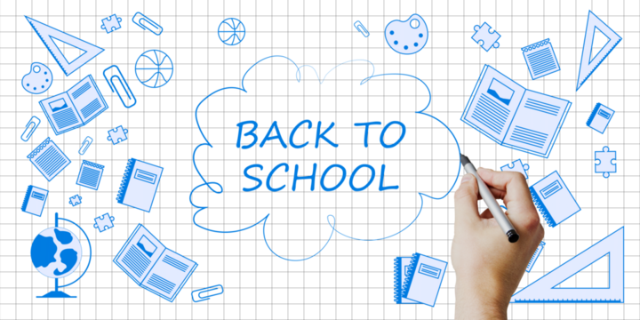 Back to School text with hand drawing on a grid background, surrounded by blue school-related icons including books, a globe, and a ruler. Academic concept - Powered by Adobe