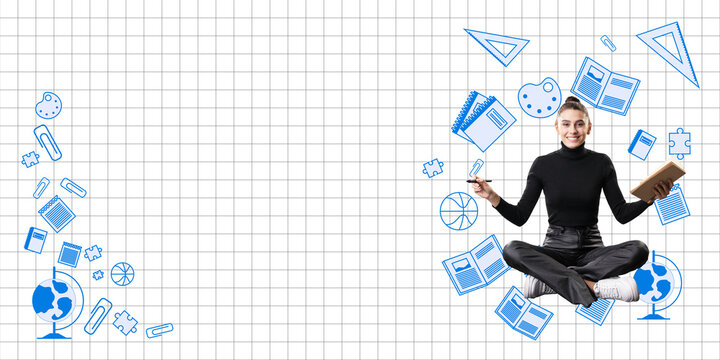 Student holding a book and pen, surrounded by blue education icons on a checkered white background. Concept of learning and study