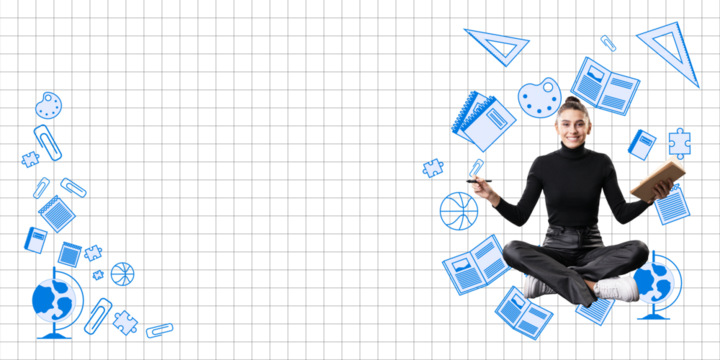 Student holding a book and pen, surrounded by blue education icons on a checkered white background. Concept of learning and study