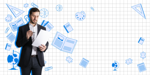 Man holding documents, surrounded by school and office icons in blue on a grid background. Concept of education, learning, and office work