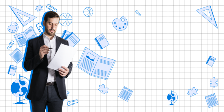 Man holding documents, surrounded by school and office icons in blue on a grid background. Concept of education, learning, and office work