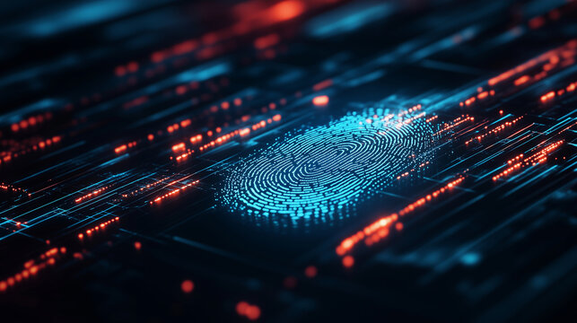 Digital fingerprint on circuit board. Cybersecurity concept. For technology poster. Blue and red light trails with glowing fingerprint. Biometric technology. Cybersecurity and digital identity
