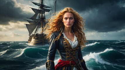 Fototapeta premium An elegant pirate young woman on her ship