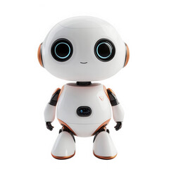 A robot with a smiling face stands on a white background