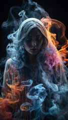 Obraz premium An ethereal young woman figure surrounded by smoke