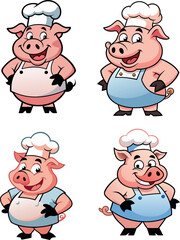 Smiling pig chef character wearing toque and uniform standing with hands on hips