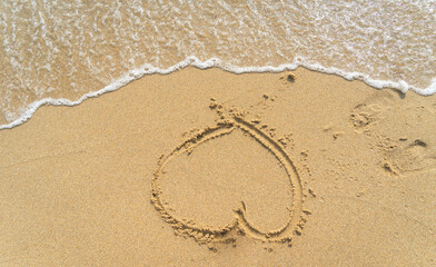 Traces on the wet sandy seashore with waves
