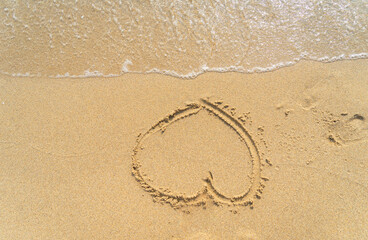 Traces on the wet sandy seashore with waves
