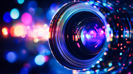 Abstract video camera lens with colorful lights. Concept of digital media production in cinema and television.