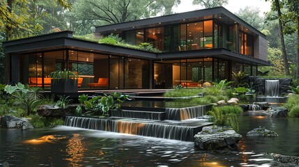 Obraz premium Modern home with a lush green garden and cascading waterfall.