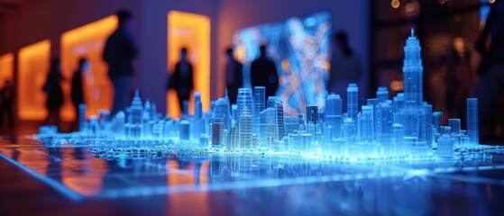 Fototapeta premium Futuristic Holographic City Planning Model in Modern Urban Office Setting