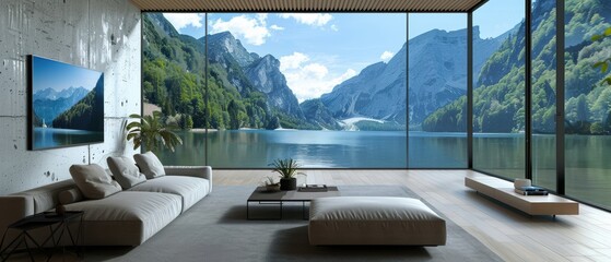 Fototapeta premium Futuristic High-Tech Living Room with Smart Home Gadgets and TV on Minimalistic Wall