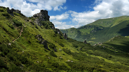 Obraz premium a huge rock stone, a ledge of the Chornohirsky Ridge, in the Carpathians, Eared Stone, Chornohora, the Carpathians, Ukraine