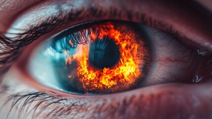 An eye with tears of fire, but the reflection shows a calm lake, symbolizing the transformative power of mindfulness.