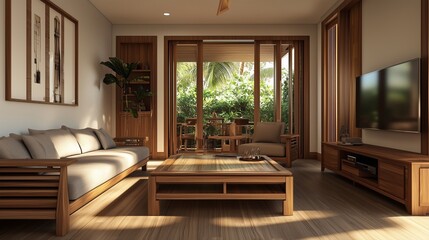 Fototapeta premium Cozy living room with wooden furniture and greenery view during daylight