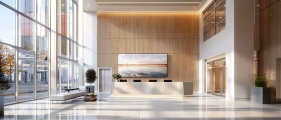Futuristic High-Tech Office Lobby with Smart Check-In Systems and Information Boards