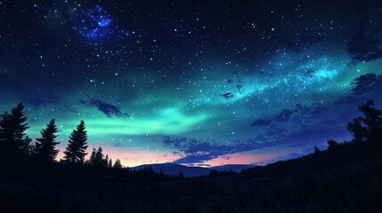 Fototapeta premium A serene night sky filled with stars and auroras over a tranquil landscape.