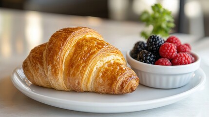 A freshly made croissant bread on a white plate, with a small bowl of fresh berries on the side.