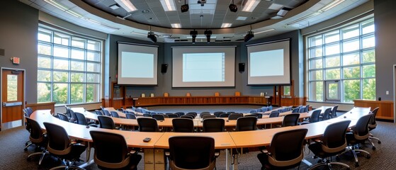 Futuristic High-Tech Classroom with Interactive Boards and Projectors for Advanced Education