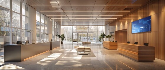Futuristic High-Tech Office Lobby with Smart Check-In Systems and Information Displays