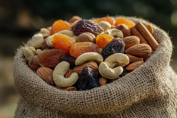 Dried fruits and nuts in a jute sack, close-up view. Sack of dried fruit mixed with hazelnuts, cinnamon, cashews, walnuts, date plums, and apricots. Generative AI