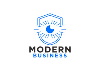 Abstract Security Logo. Blue Shield Icon Linear Style with Eye Lens Camera inside isolated on White Background.